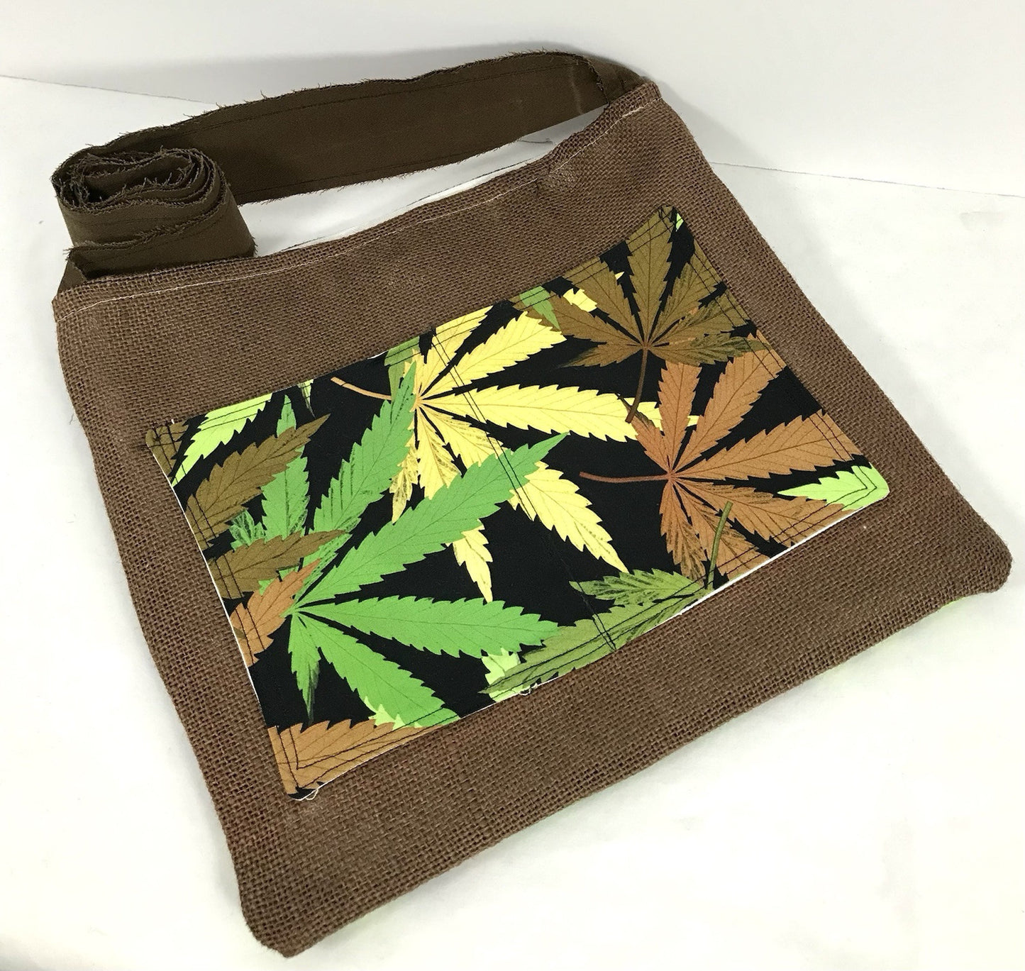 New Handmade Burlap Marijuana, Cannabis Leaf 11x12 2 Bumblebee Pockets Crossbody