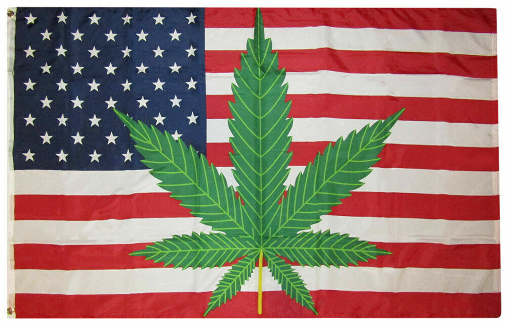 MARIJUANA LEAF flag on American background, 3'x5' polyester banner for indoor and outdoor use.