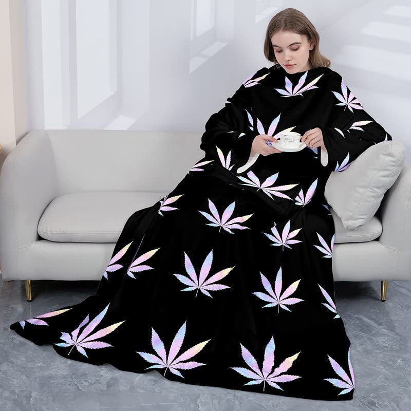 Marijuana Weed Leaf Outdoor Fleece Blanket with Sleeves,Botanical Plants Prin...