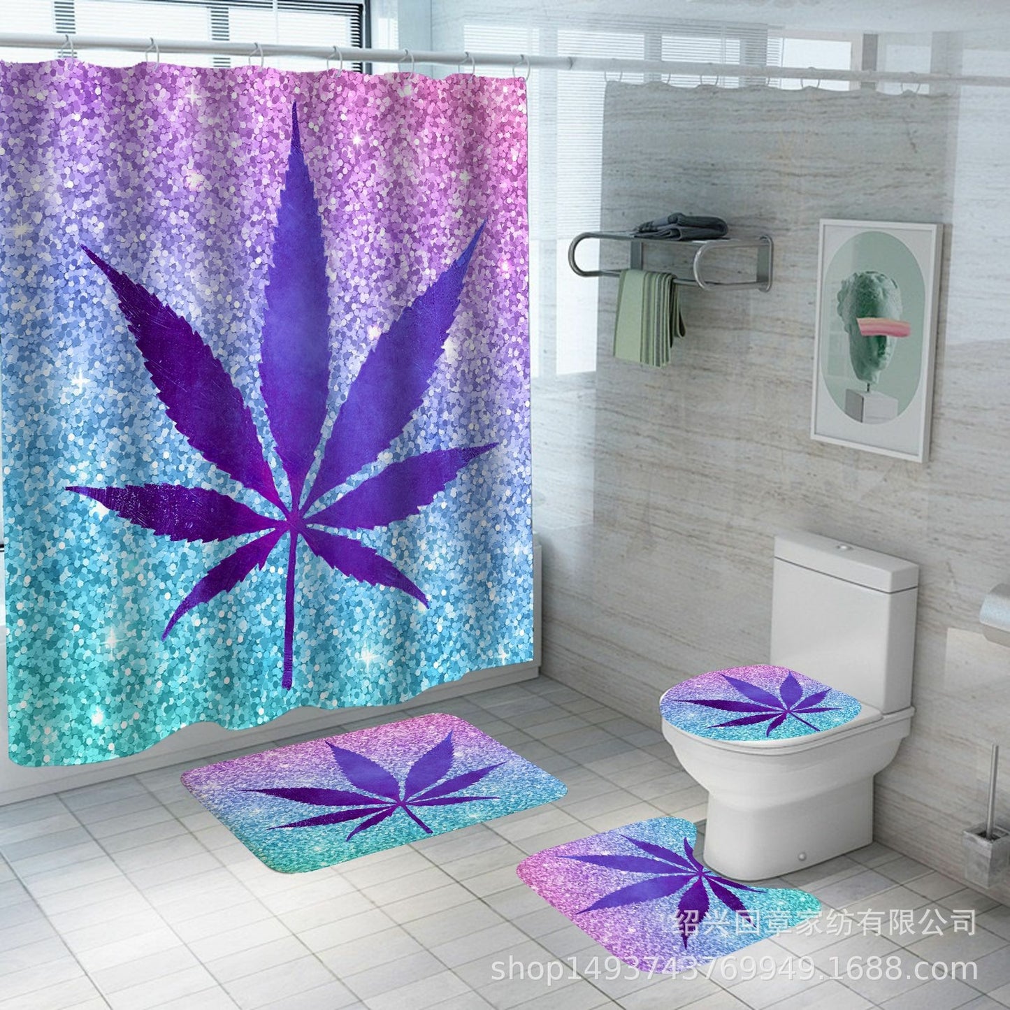 Weed Leaf Art Shower Curtain Non-Slip Bathroom Mat Toilet Lid Cover Set 5 Styles