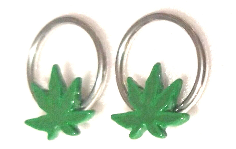 Green pot marijuana leaf ear nipple rings in surgical steel.