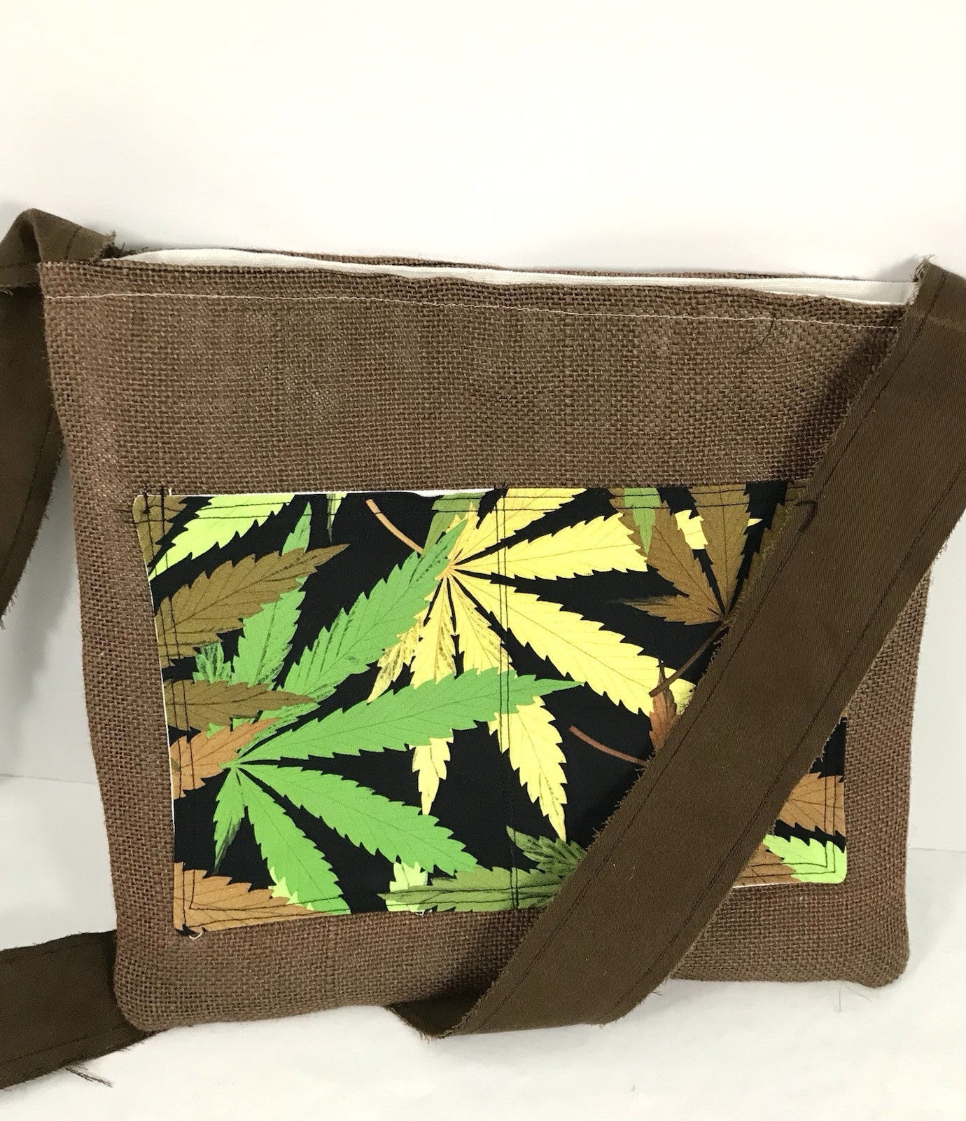 New Handmade Burlap Marijuana, Cannabis Leaf 11x12 2 Bumblebee Pockets Crossbody