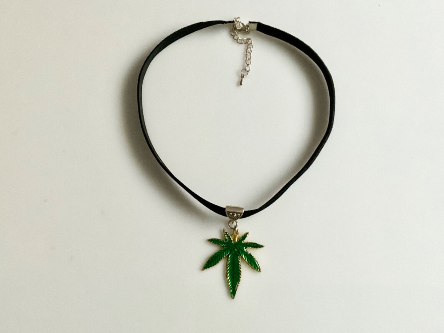 Choker Neck Green Necklace Marijuana Pot Leaf Charm Velvet Jewelry Hand Crafted