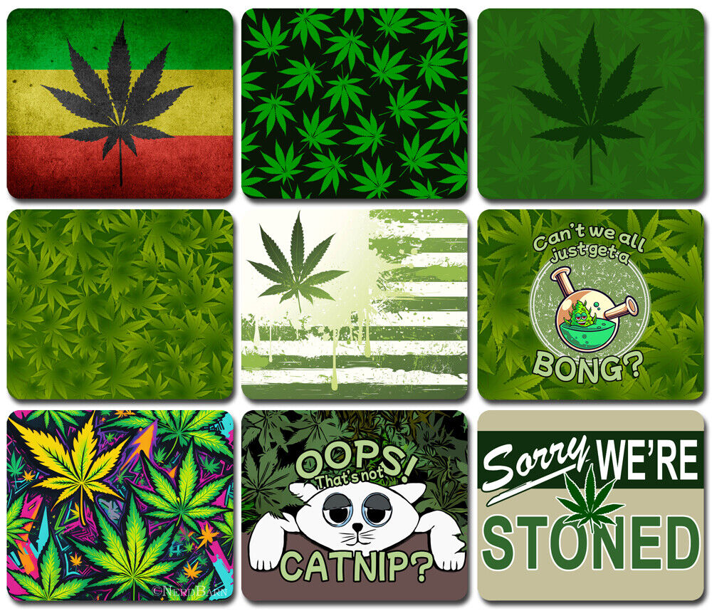 Cannabis-themed mouse pads with various designs; perfect gift for marijuana enthusiasts.