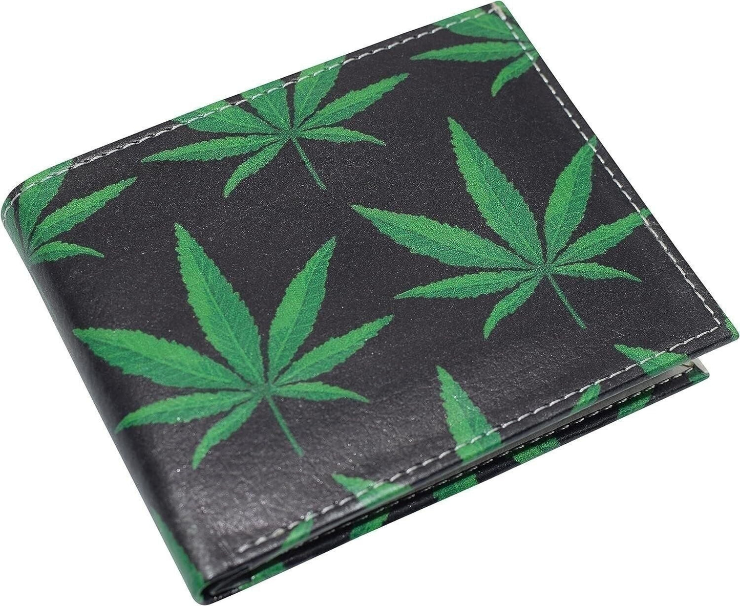 Printed Marijuana Leaf RFID Blocking Genuine Leather Bifold Wallet with Gift box