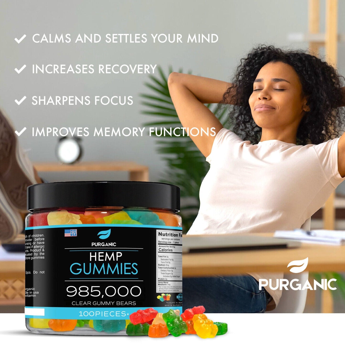 Natural Gummies for Stress Relief - Great for Pain, Insomnia & Anxiety -100ct