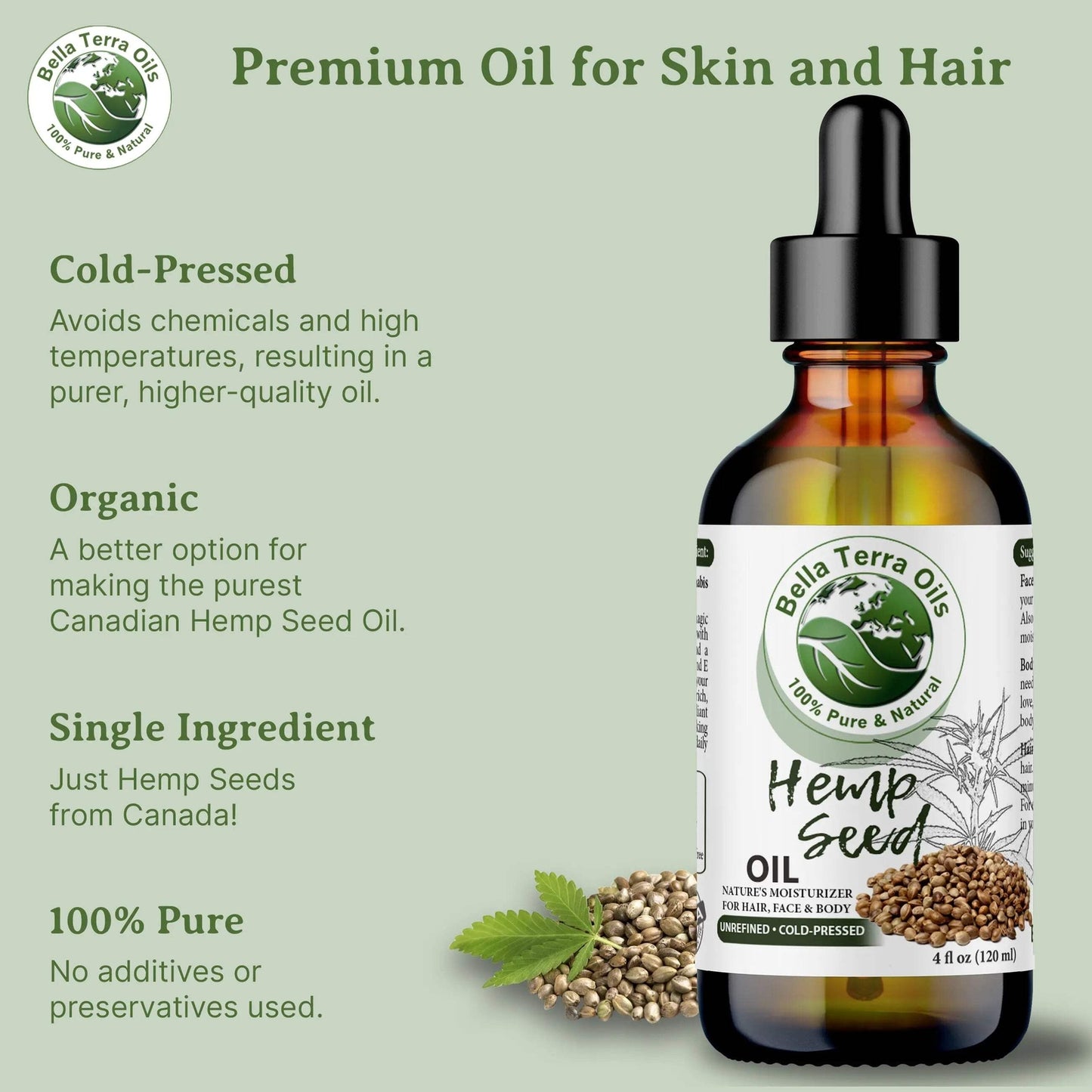 Organic Cold-Pressed Unrefined Hemp Seed Oil 100% Pure Skin Hair Face Nails Care