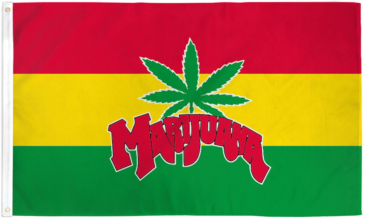 3x5ft marijuana flag with Rasta colors and bold design.