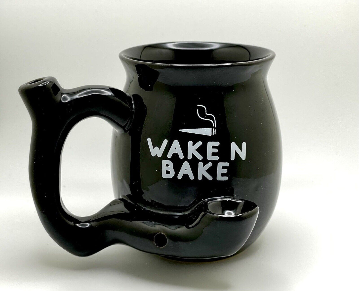 FUN NOVELTY WAKE BAKE GIFT MUG, ceramic, 13 oz capacity, includes pipe, black design, microwave and dishwasher safe.