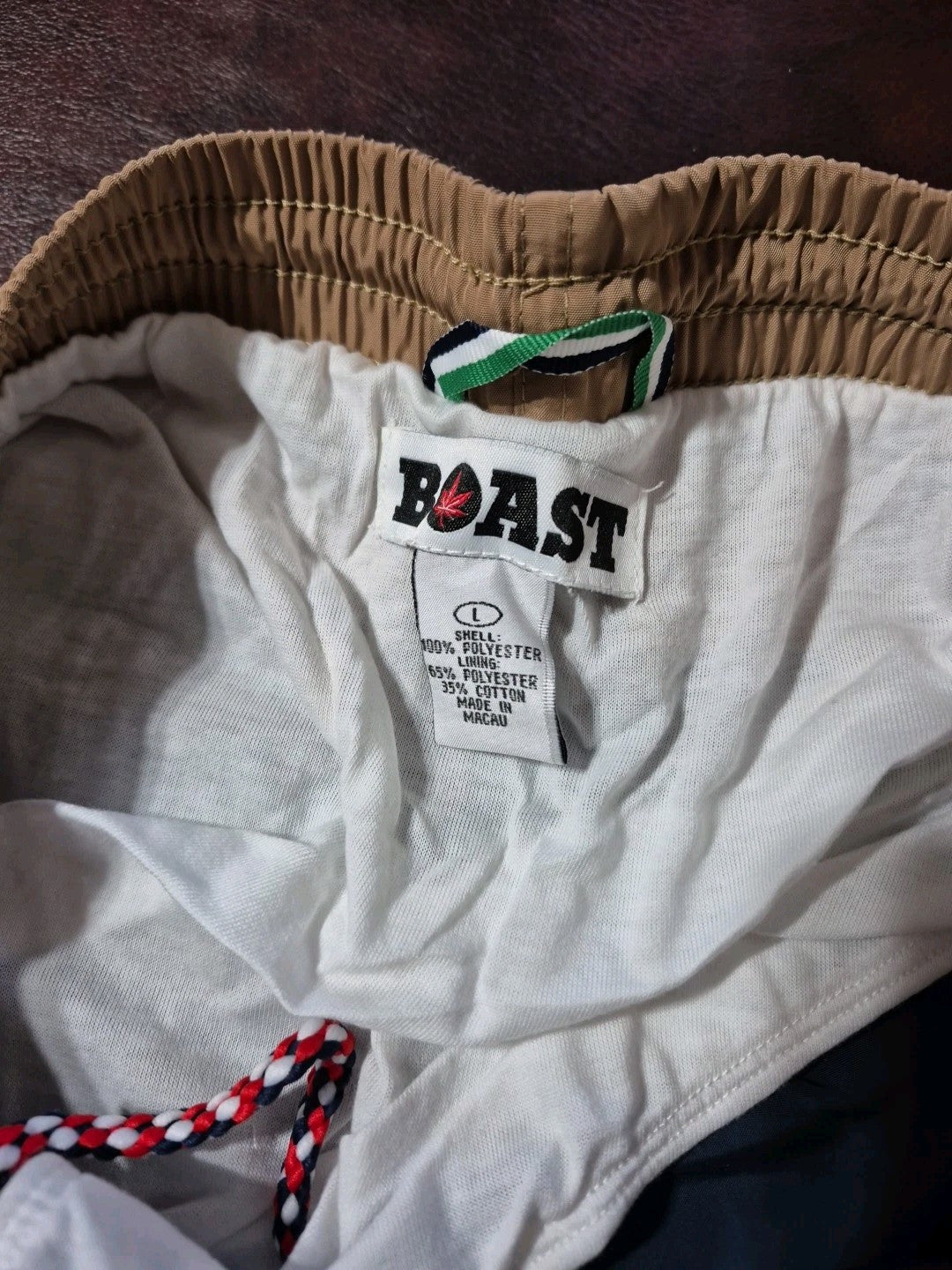 1 Pr NWT BOAST Men's Tennis/Swim Trunks Large Camel/Navy With Pot Leaf