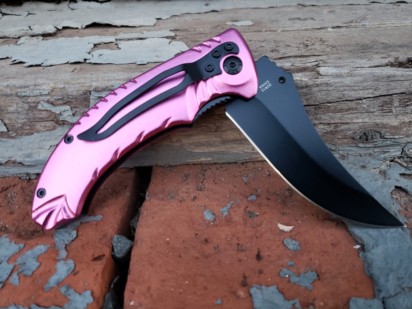 Pink Black Pot Leaf Design Spring assisted Pocket Knife Thumb Stud EDC 5.3 OZ