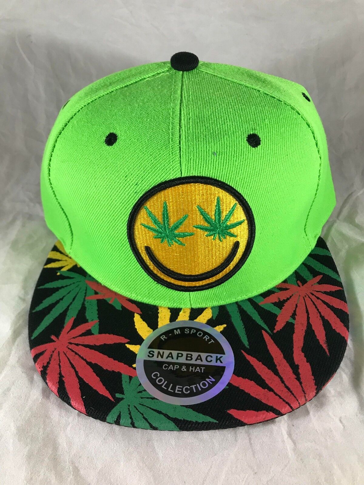 Smiley Face Marijuana Leaf Weed Eyes Emoji Snapback Hat 420 Themed Cap