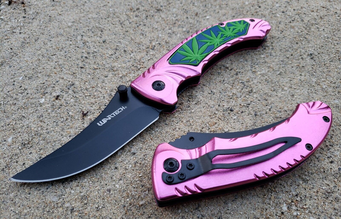 Pink Black Pot Leaf Design Spring assisted Pocket Knife Thumb Stud EDC 5.3 OZ