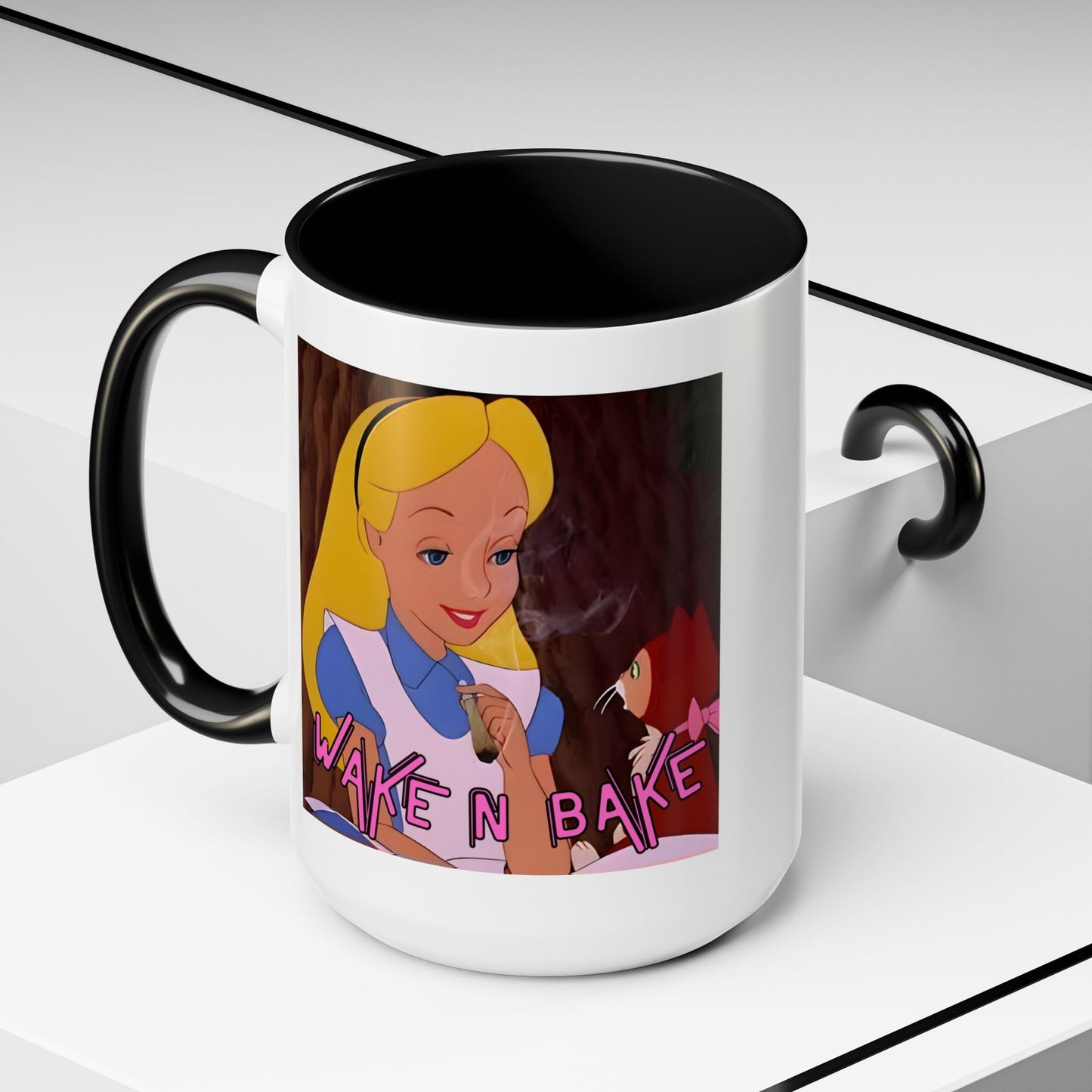 WAKE N BAKE Retro Coffee Mug (11, 15oz) Cartoon Alice Smoking Joint Vintage 420