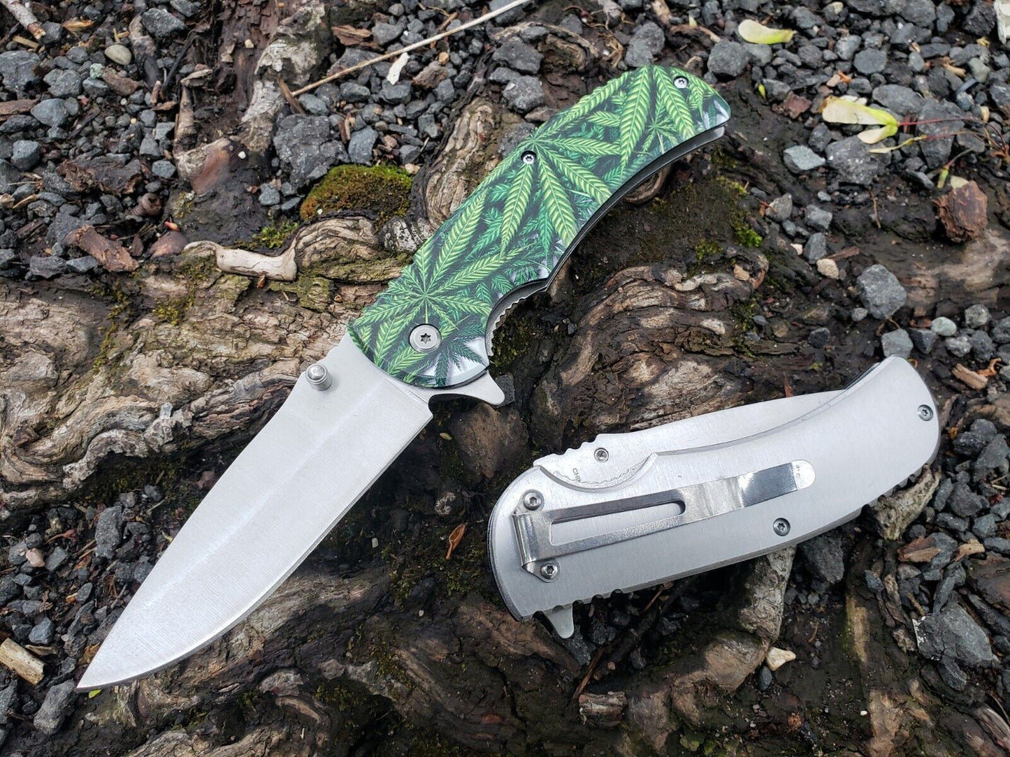 Silver Green Marijuana Cannabis Leaf Print Spring Assisted Pocket Knife Metal