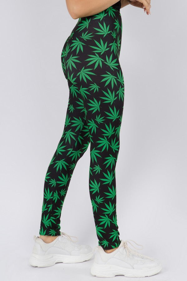 Women’s High Waisted Green Leaf Leggings, Marijuana Print, + Size Option