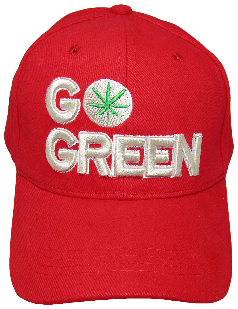 Go Green Marijuana Weed Pot Leaf Red 100% Cotton Embroidered Hat Cap