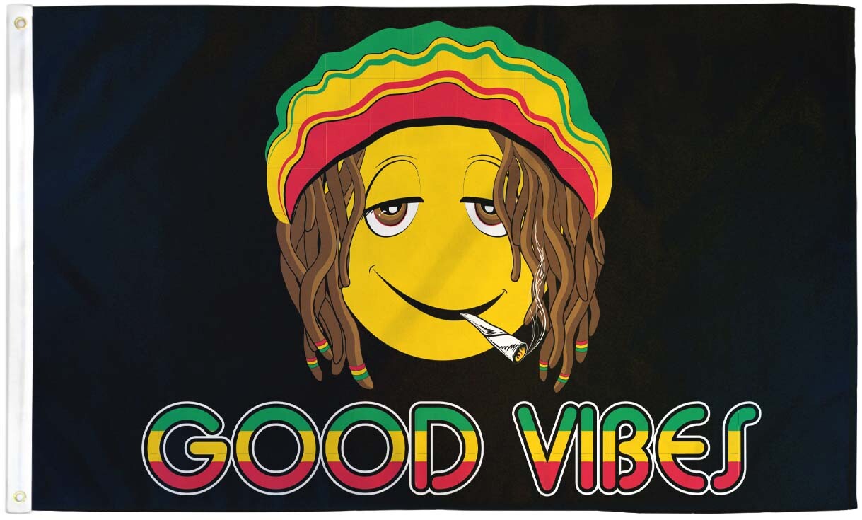 Good Vibes Flag 3x5ft with happy face and marijuana design.
