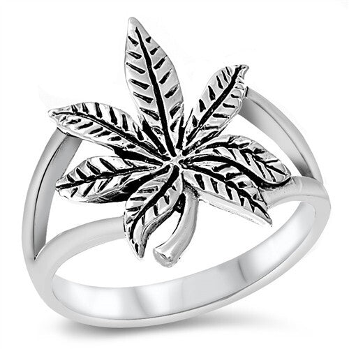 Marijuana leaf ring in genuine sterling silver 925, oxidized finish, 17 mm height.