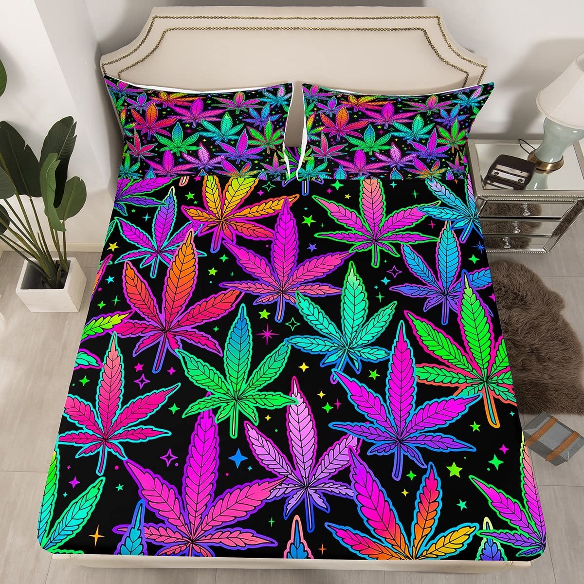 Cannabis Leaves 420 Sheet Queen Size, Marijuana Weed Bedding 2 pillow 1 Fitted 1 Flat