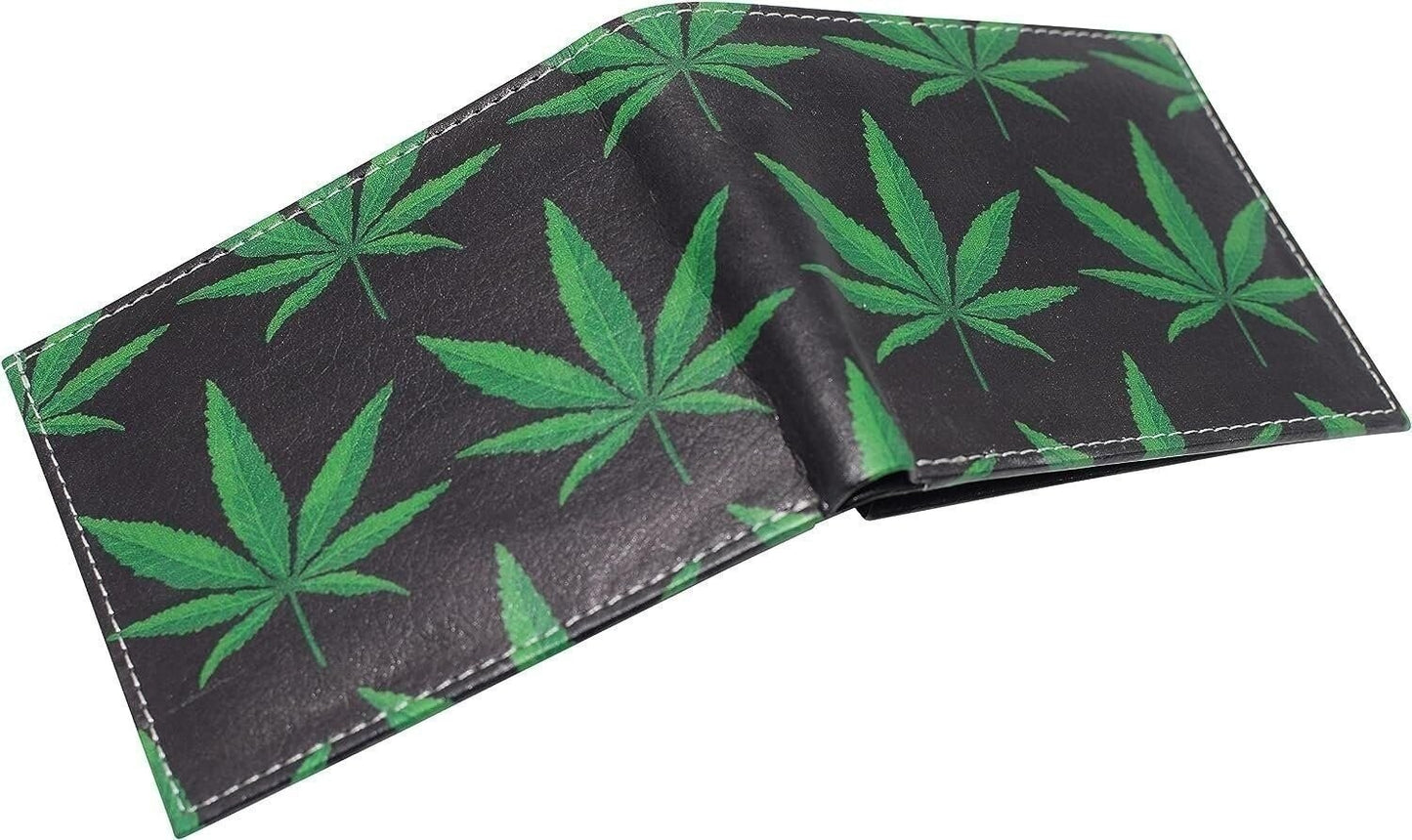 Printed Marijuana Leaf RFID Blocking Genuine Leather Bifold Wallet with Gift box