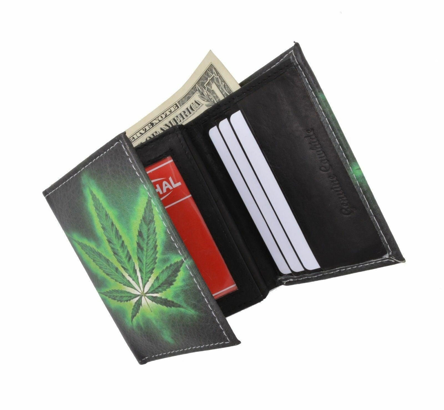 Marijuana Leaf Mens Genuine Leather Trifold Wallet Black Interior With Gift Box