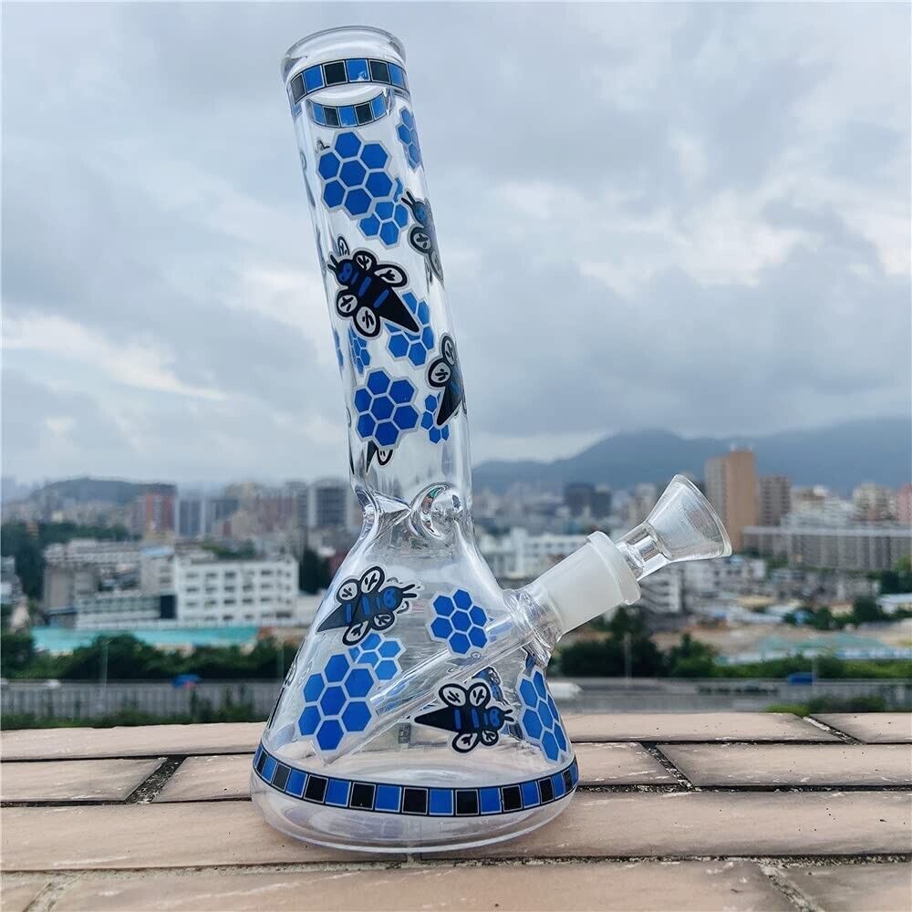 Premium Blue Bee Glass Bong 8" Bent Handwork Decorative Hookah Water Bong Glowy