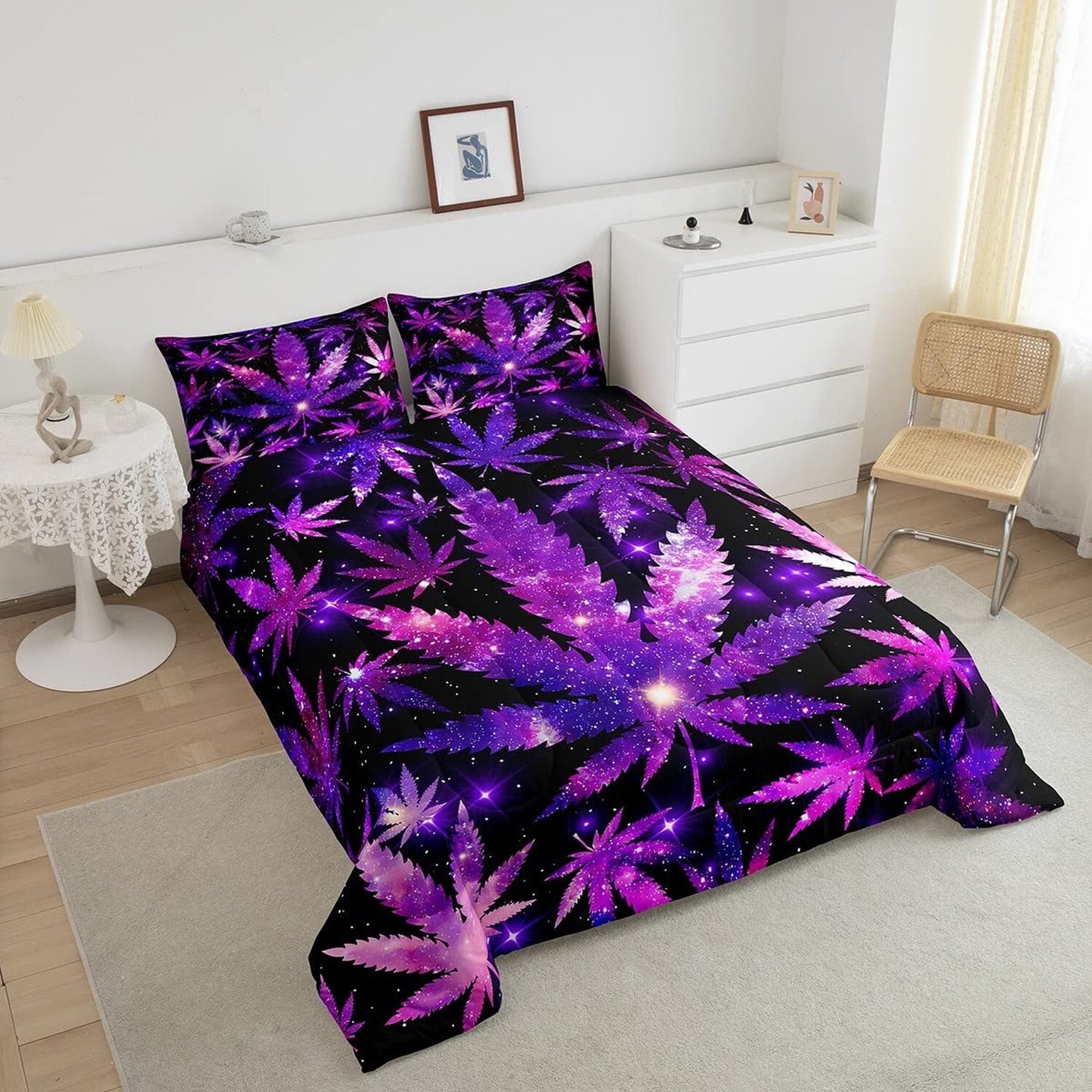 Marijuana Weed Purple Black Comforter Set Queen Size Hippie Marijuana Leaf Be...