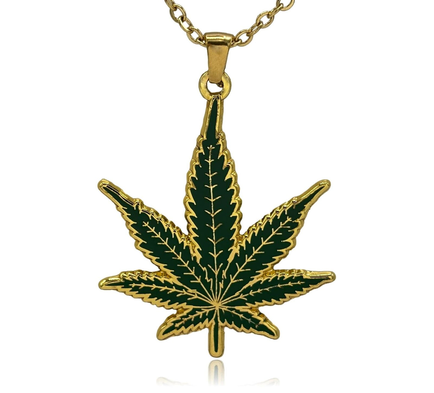 Marijuana Leaf Double Sided Enamel Pendant Necklace Black or Gold