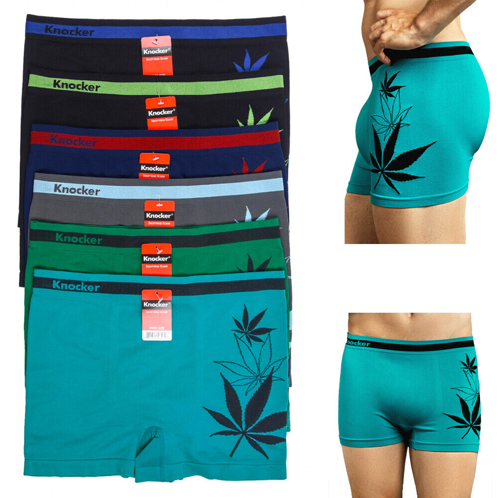 Mens microfiber seamless boxer briefs with cannabis leaf design in assorted colors.