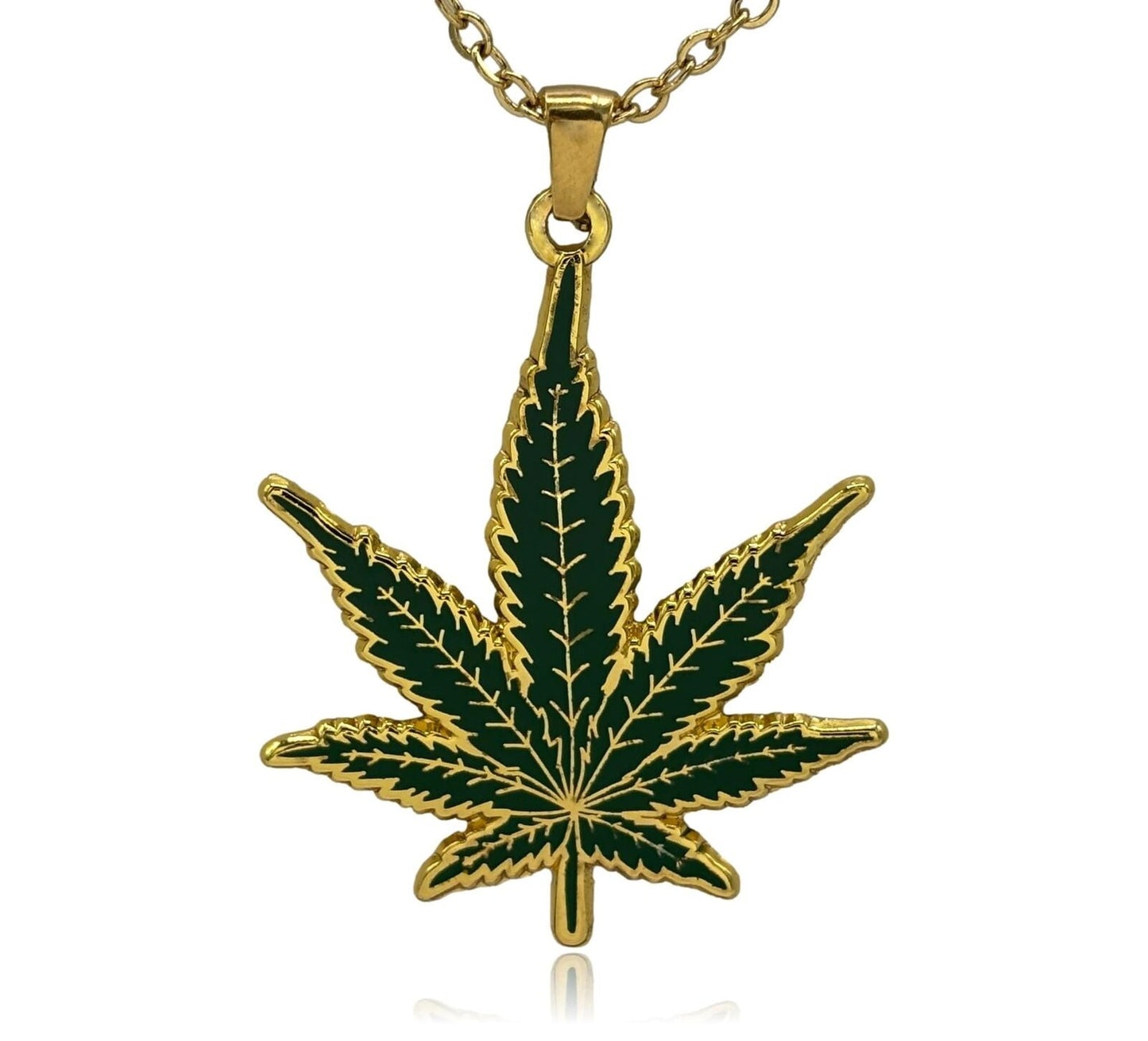 Marijuana leaf double-sided enamel pendant necklace with gold chain.