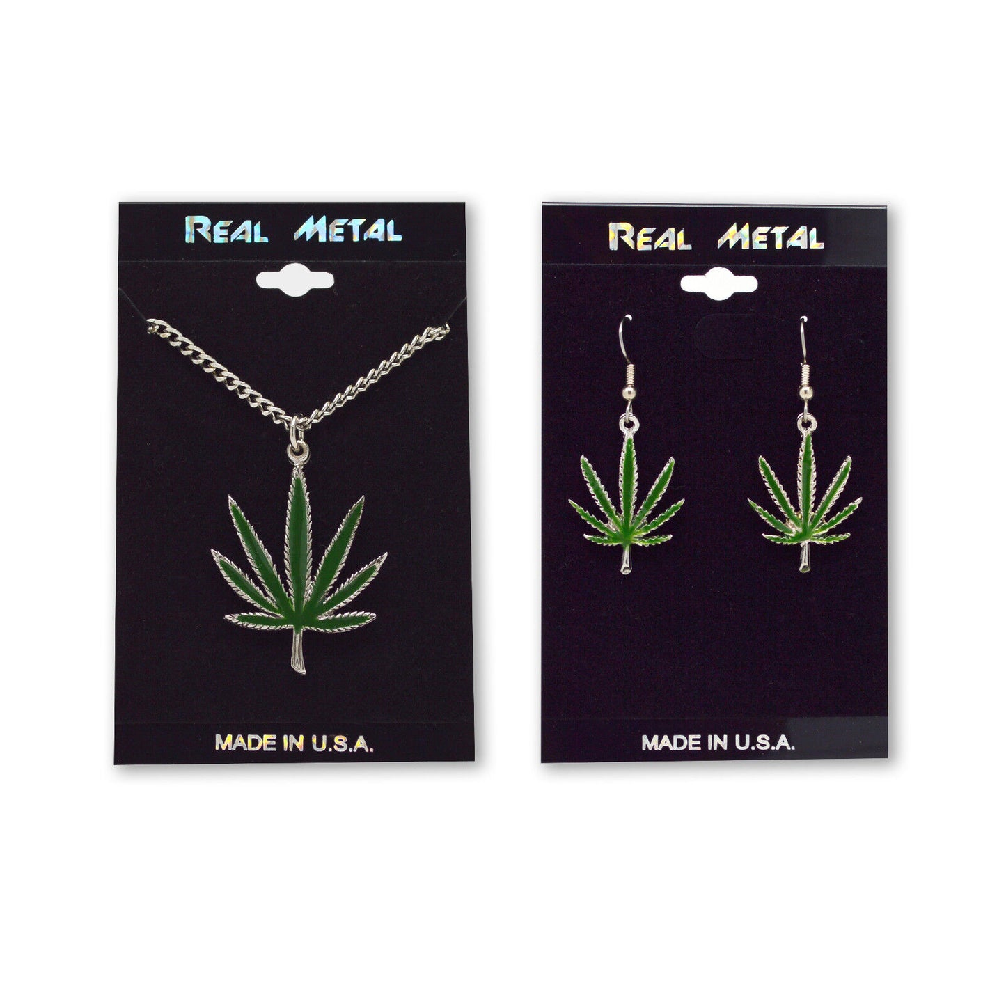 Marijuana Weed Pot Leaf Green Enamel On Pewter Necklace and Earrings Jewelry Set