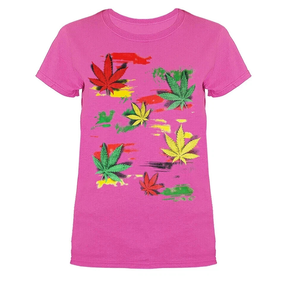 Rasta Multi Color Pot Leaves Funny Joke Humorous Women's T-shirt 9 colors size S to 3XL