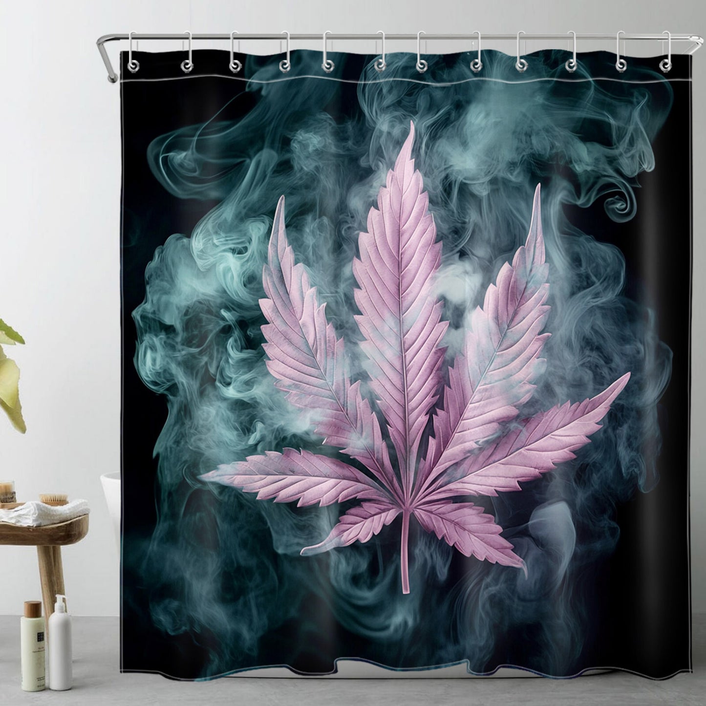 Cannabis Plant Purple Marijuana Leaf Black Shower Curtain Set for Bathroom Decor