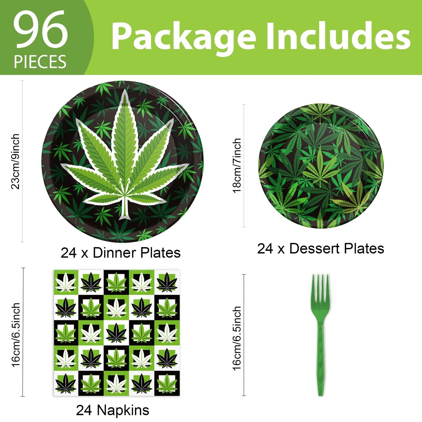 96 Pcs Weed Themed Party Plates and Napkins Party Supplies Green Pot Leaves B...