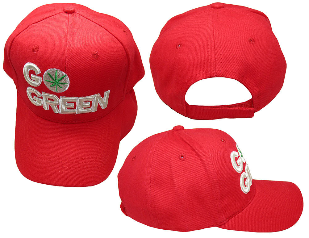 Go Green Marijuana embroidered red 100% cotton hat with adjustable strap.
