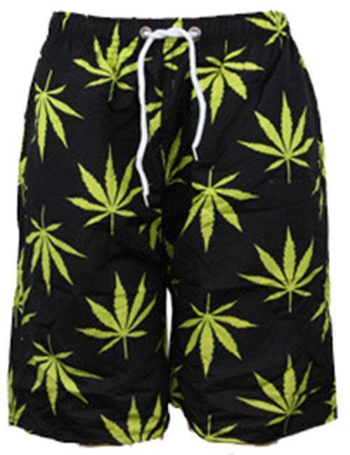 Mens Swim Trunks, Beach Swim Shorts Beach Board Shorts Pockets, Weed Leaf Print