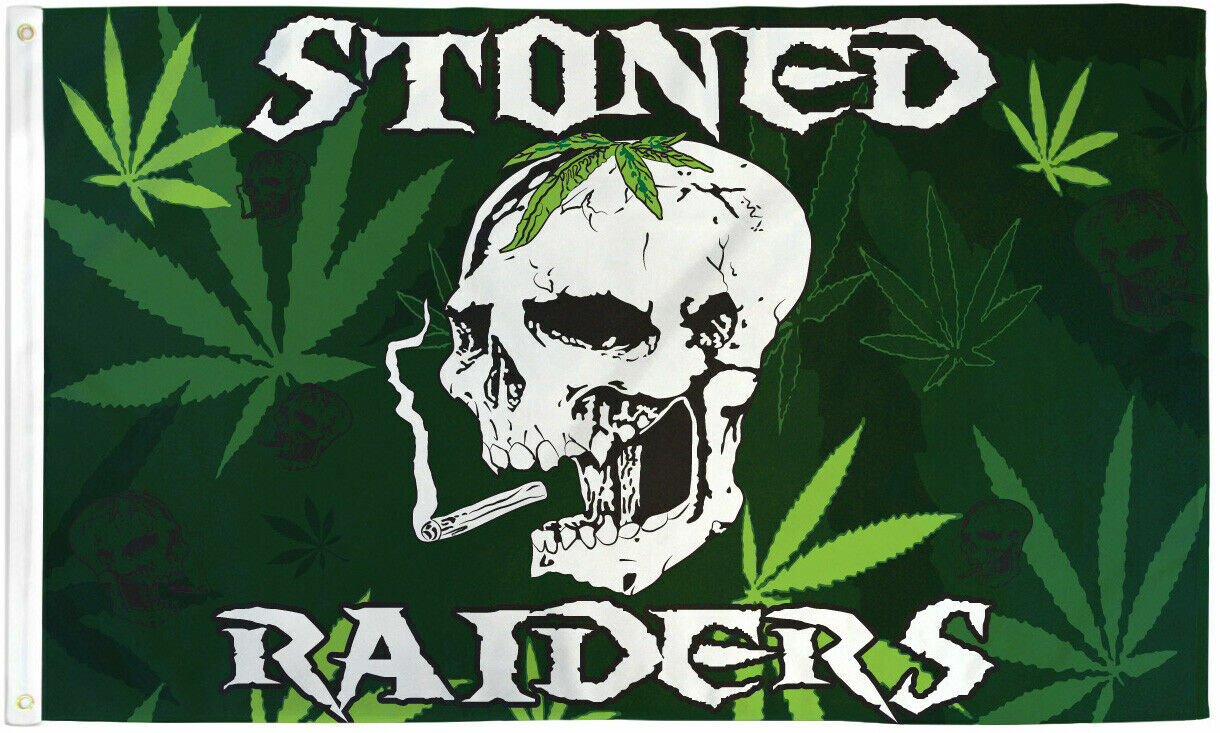Stoned Raiders Flag 3x5ft with skull and marijuana leaf design, lightweight fabric.