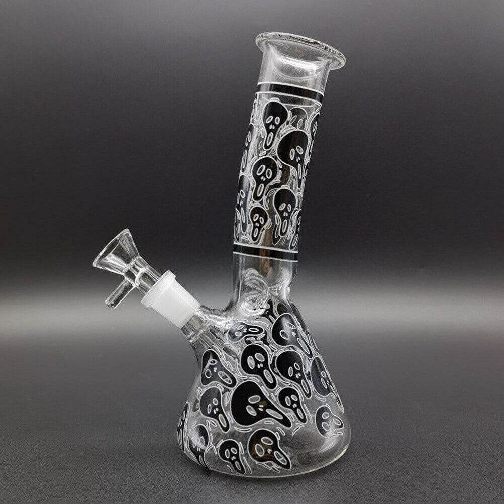 8 inch Glass Bong Black Skull Printed Hookah Smoking Water Pipes Bongs + Bowl US - Maryjanes Bong Shop