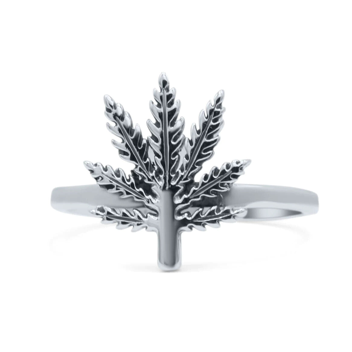 14.3mm Elegant Marijuana Leaf Engraved Cannabis Weed Oxidized Band Ring size 5 to 10