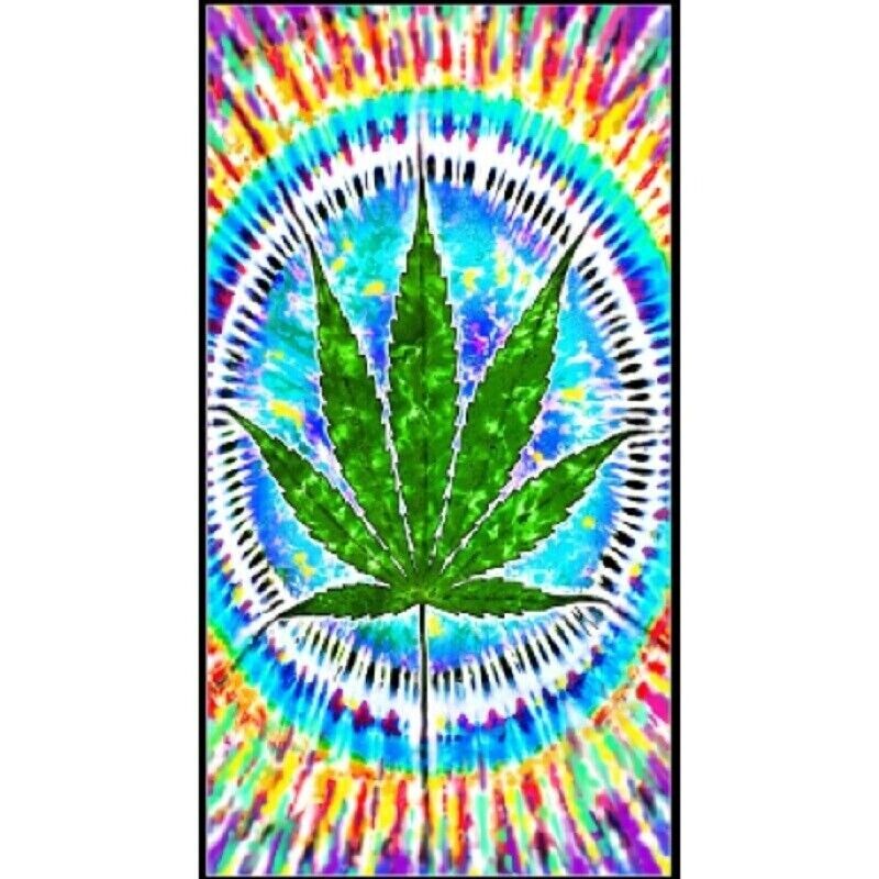 Pot Leaf Tie Dye beach towel with colorful circular design.