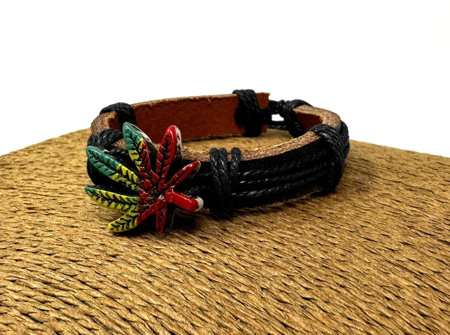 Adjustable Black Leather Bracelet with Rasta-Colored Marijuana Leaf Charm