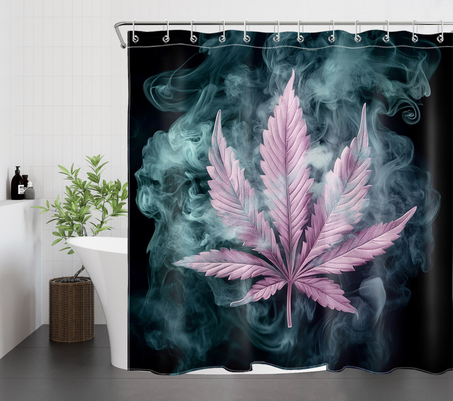 Cannabis Plant Purple Marijuana Leaf Black Shower Curtain Set for Bathroom Decor