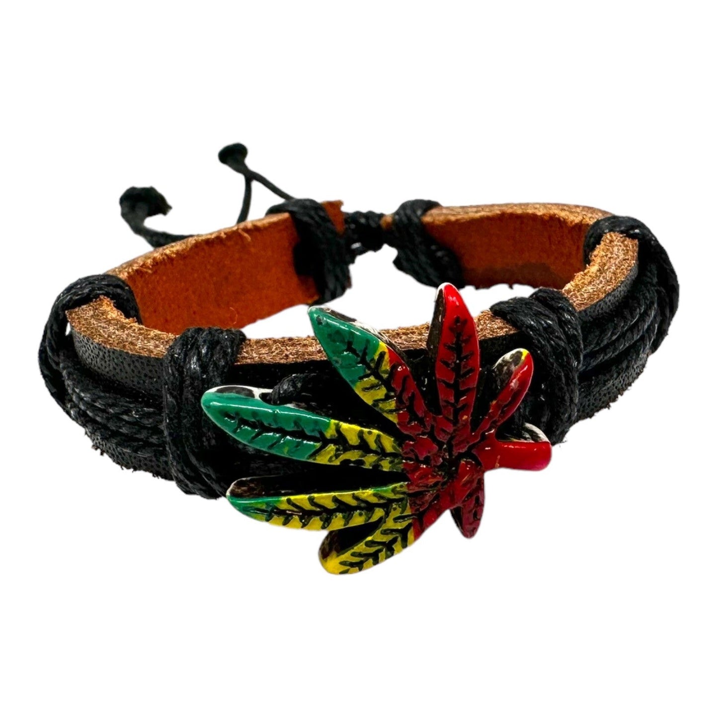 Adjustable black leather bracelet with rasta-colored marijuana leaf charm.