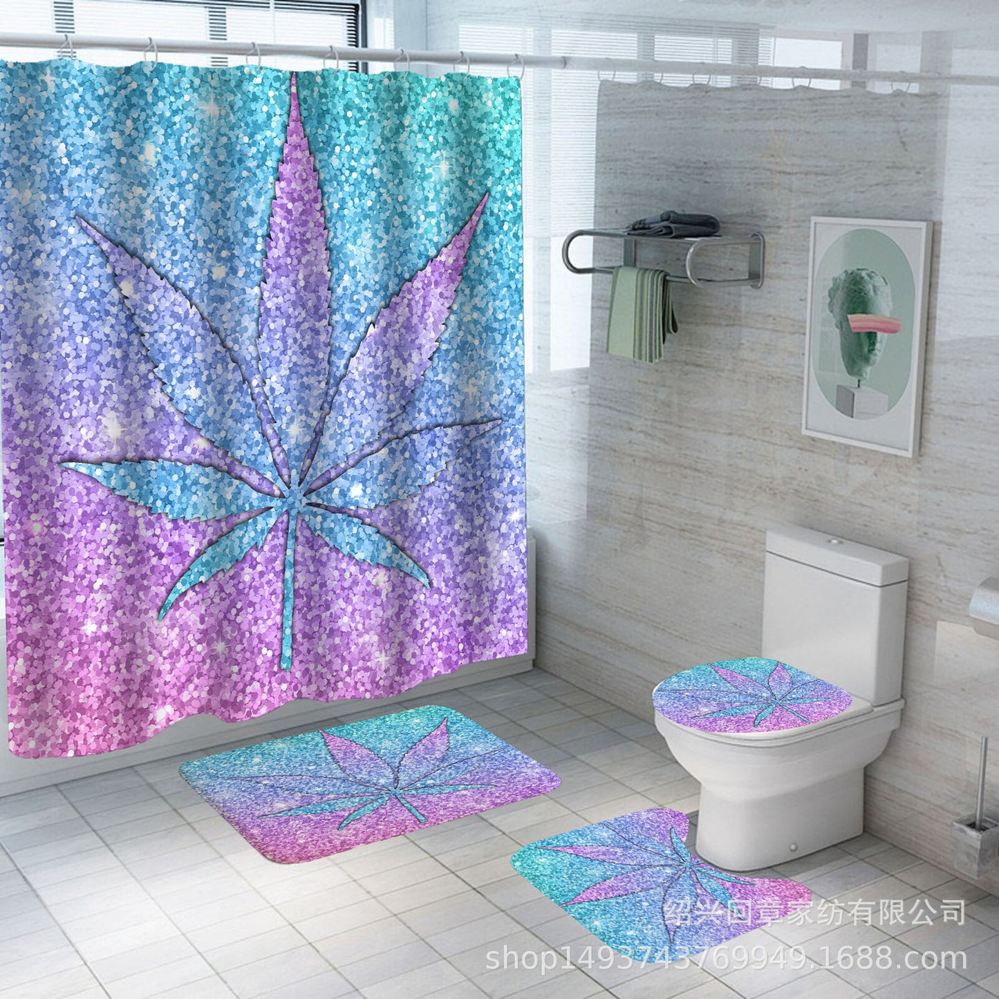 Weed Leaf Art Shower Curtain Non-Slip Bathroom Mat Toilet Lid Cover Set 5 Styles