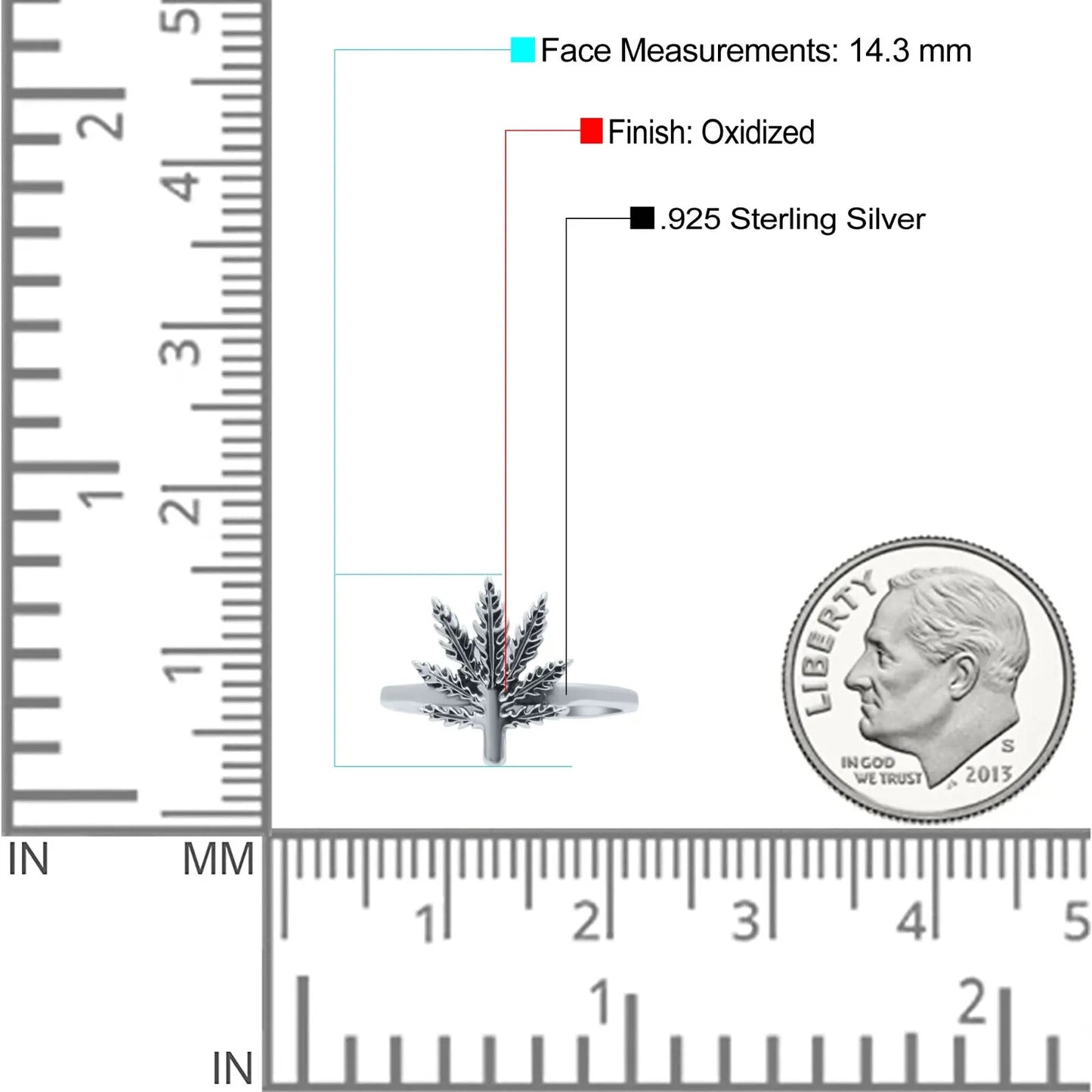 14.3mm Elegant Marijuana Leaf Engraved Cannabis Weed Oxidized Band Ring size 5 to 10
