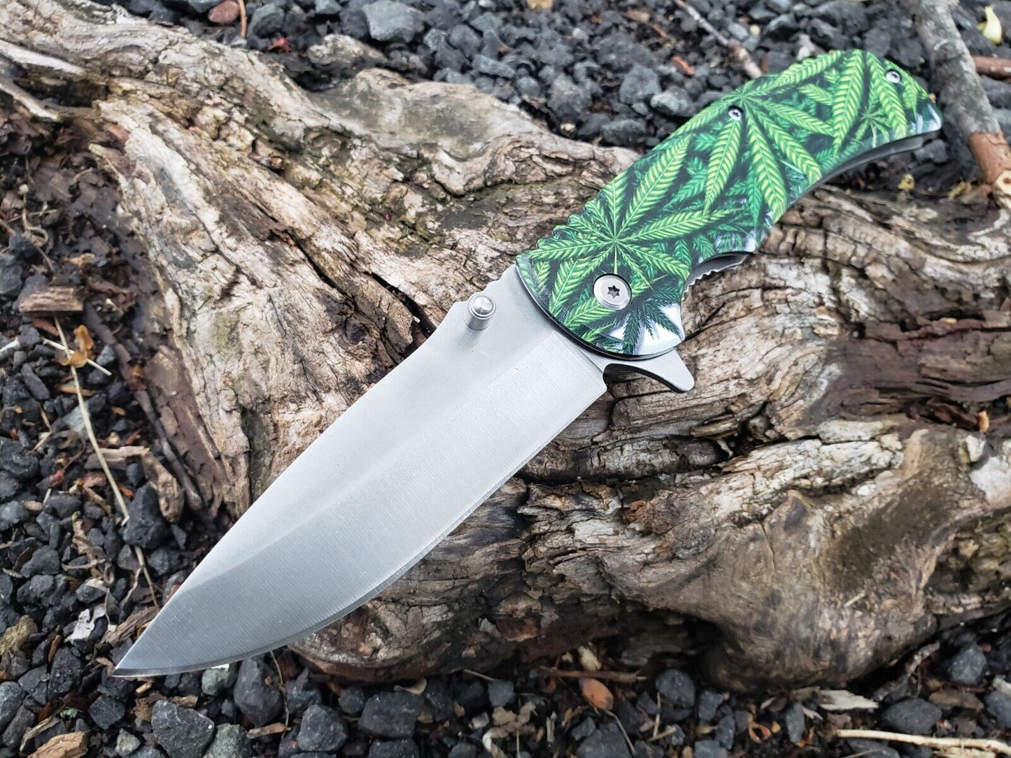 Silver Green Marijuana Cannabis Leaf Print Spring Assisted Pocket Knife Metal