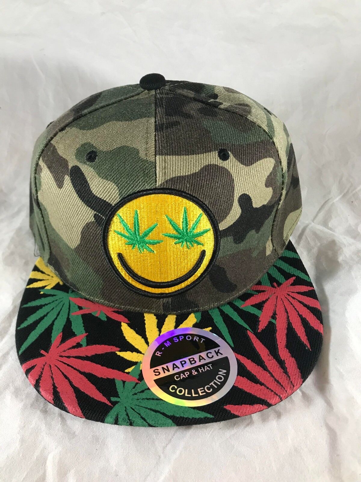 Smiley Face Marijuana Leaf Weed Eyes Emoji Snapback Hat 420 Themed Cap