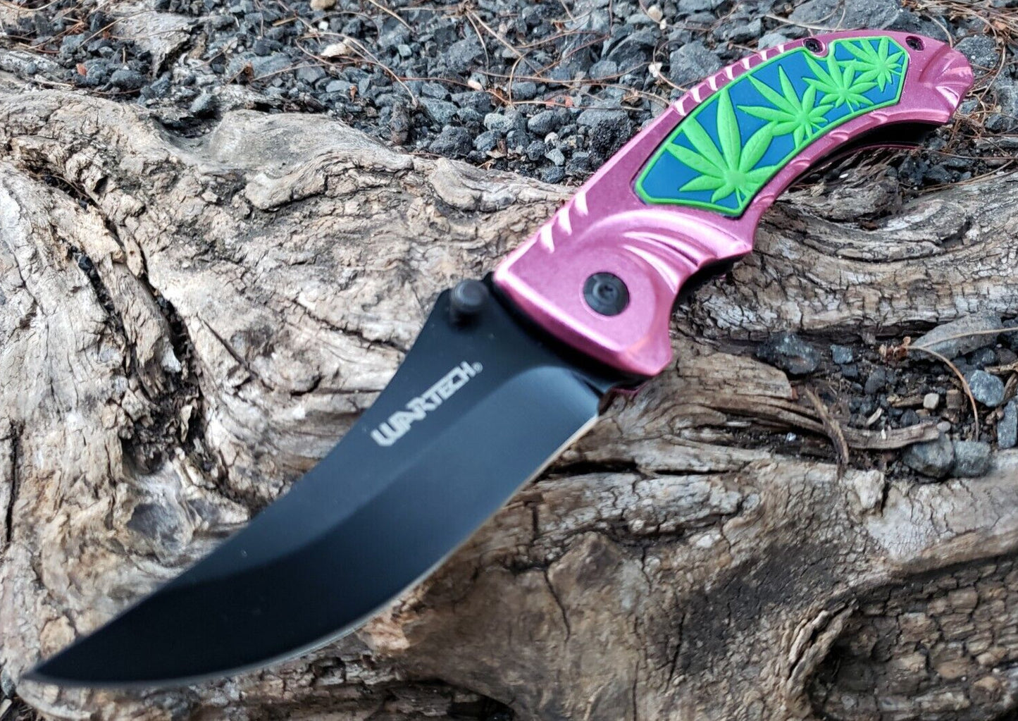 Pink Black Pot Leaf Design Spring assisted Pocket Knife Thumb Stud EDC 5.3 OZ