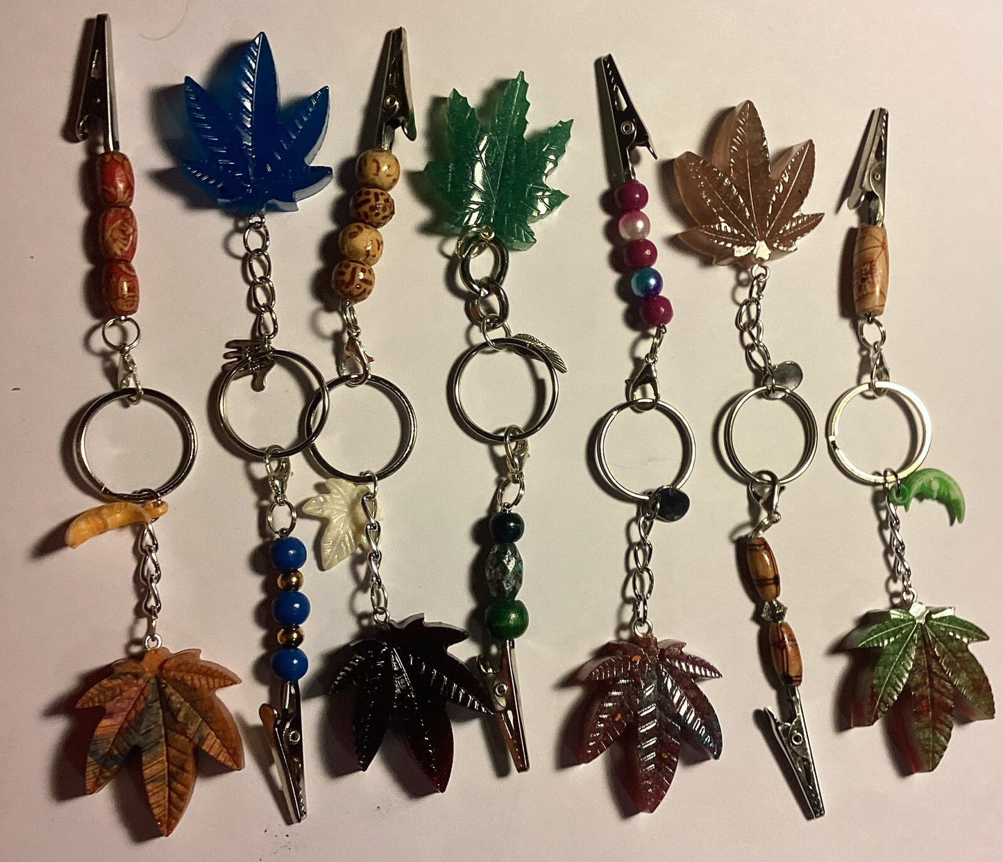 6 ct. Weed Leaf key chains With Bonus Clip Multi Color Set Roach Clip